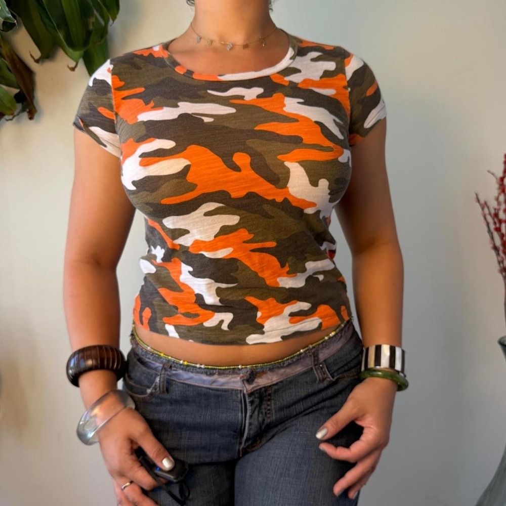 Michael Kors Orange Green Camo Baby Tee Y2K Cotton Camouflage Top Small